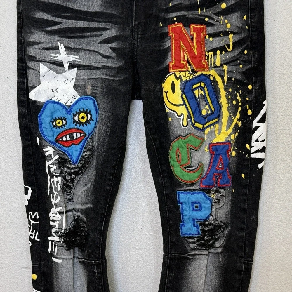 RUE 21 Premium Jeans Mens 34x32 Black Graffiti Skinny Streetwear Grunge Patch